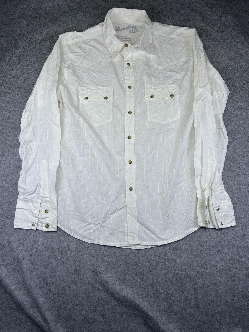 Pearl Snap Western Shirt Wrangler 20X White Long Sleeve Men's L Cowboy Farm EUC